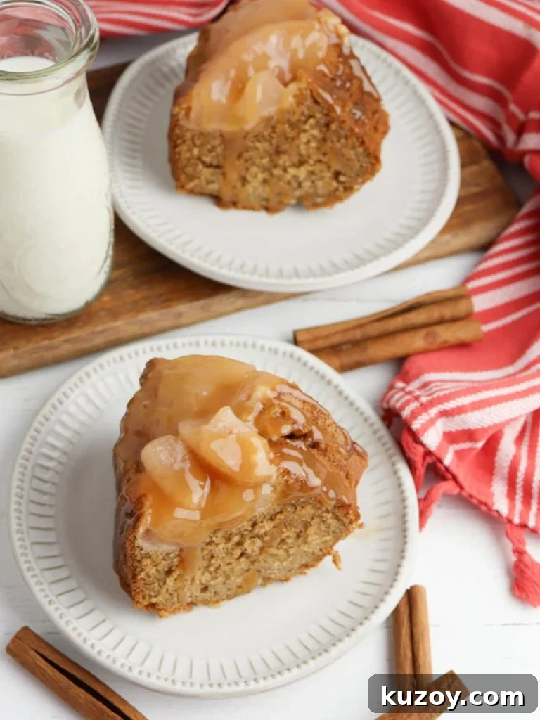 caramel apple bundt cake sliced on plates