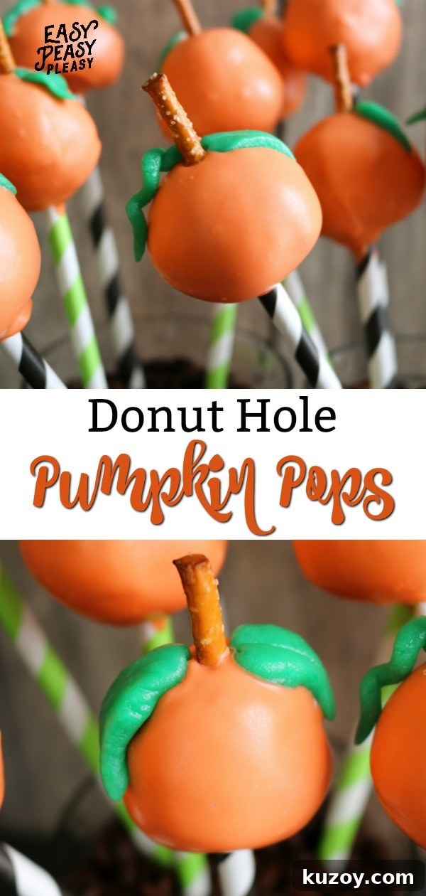 Pumpkin Donut Hole Pops: Fall Dessert Recipe and Party Treats 4 You only need 5 ingredients to make these super cute Donut Hole Pumpkin Pops. Perfect sweet treat recipe for Fall, Halloween, and Thanksgiving.