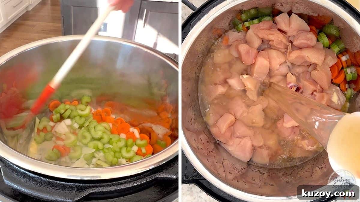 Instant Pot Chicken and Rice Soup Recipe — Comforting Weeknight Meal 3 sauteeing vegetables and adding chicken and broth to the instant pot.