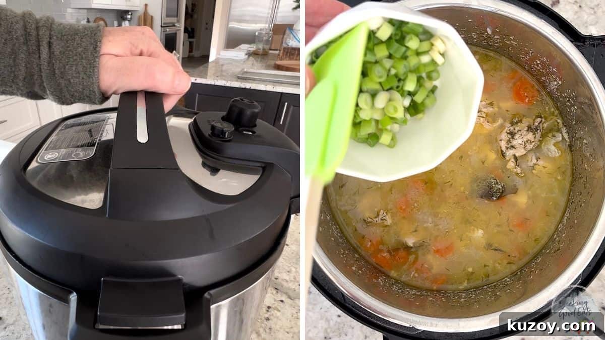 Instant Pot Chicken and Rice Soup Recipe — Comforting Weeknight Meal 4 Pressure cooking and then adding green onions to the soup.
