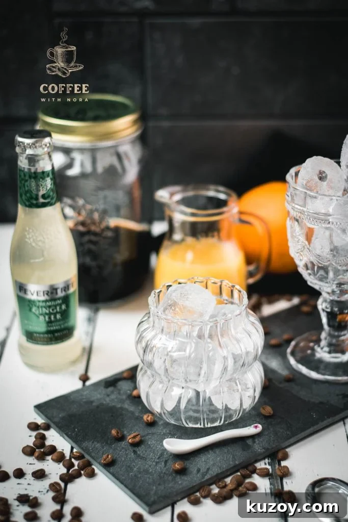 Ginger Cold Brew Recipe: Refreshing Iced Ginger Coffee 3 Ingredients for ginger cold brew - ginger beer, cold brew, orange juice, cubed ice.