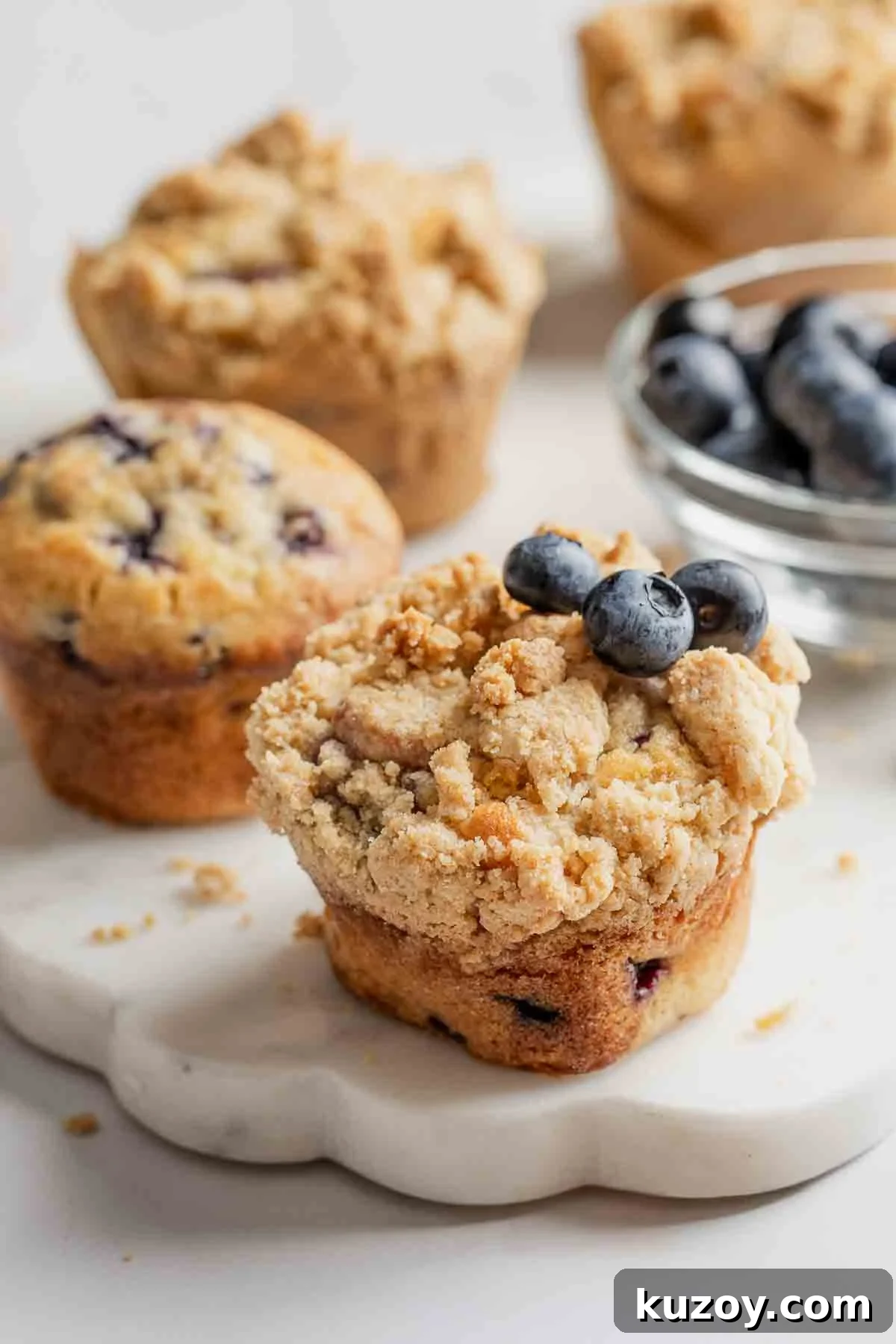 Gluten-Free Blueberry Muffins with Crunchy Streusel Topping 2 Gluten-free blueberry muffins with streusel and garnished with fresh blueberries, on marble platter.