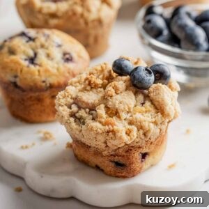 Gluten-Free Blueberry Muffins with Crunchy Streusel Topping 16 Gluten-free blueberry muffins with streusel and garnished with fresh blueberries, on marble platter.