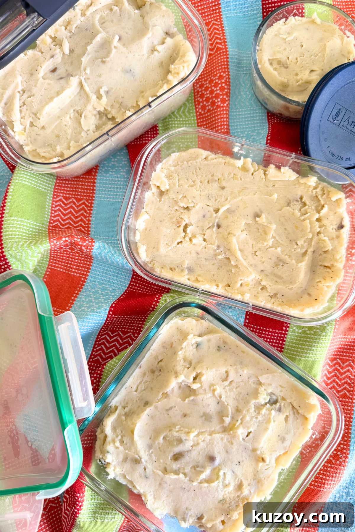Cream Cheese Crock-Pot Mashed Potatoes — Slow Cooker Recipe 8 Make ahead mashed potatoes in small, medium, and large storage containers with the lids leaning against them.