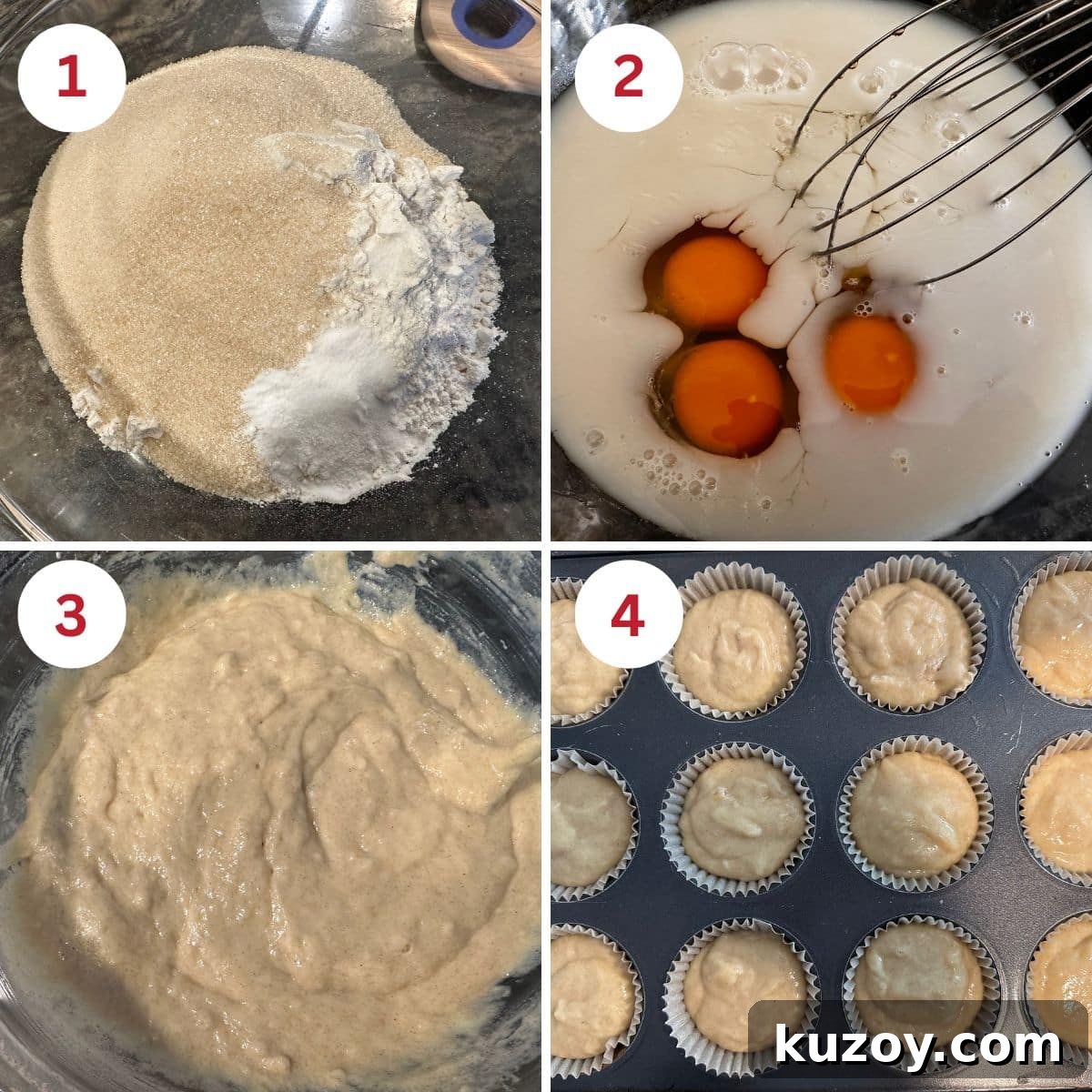 Photos showing all of the steps to mix the lemon cupcake batter.