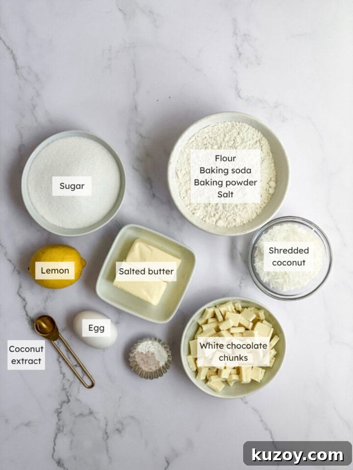 Lemon Coconut White Chocolate Cookie Recipe for Zesty Treats 4 All the ingredients needed to make lemon coconut cookies.