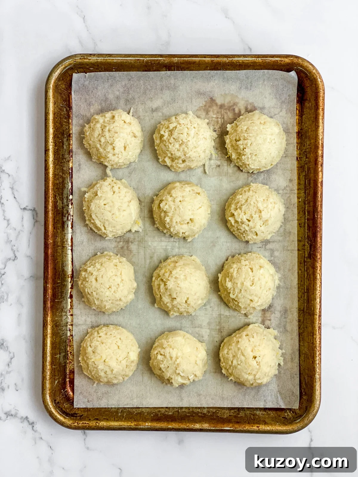 Lemon Coconut White Chocolate Cookie Recipe for Zesty Treats 8 cookie dough balls before baking.