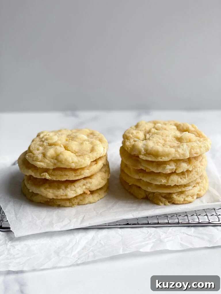Lemon Coconut White Chocolate Cookie Recipe for Zesty Treats 10 lemon coconut white chocolate cookies in 2 stacks side by side