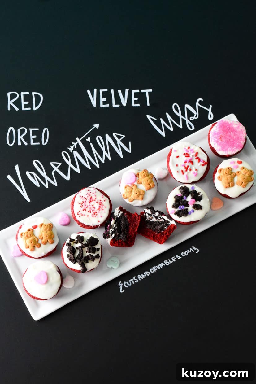 Red Velvet Oreo Valentine Dessert Cups: Romantic No-Bake Treats 2 Red Velvet Oreo Valentine Cups on white platter with title written on chalkboard