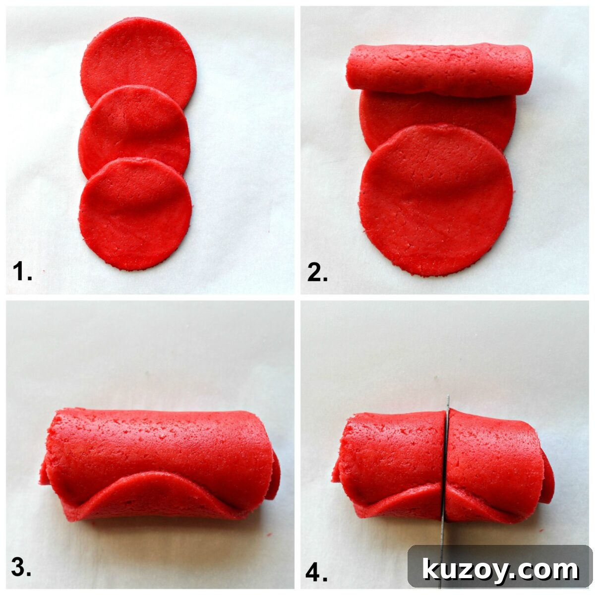 Instructions: overlap edges of cookie dough circles, roll up, cut in half forming two rose cookies.