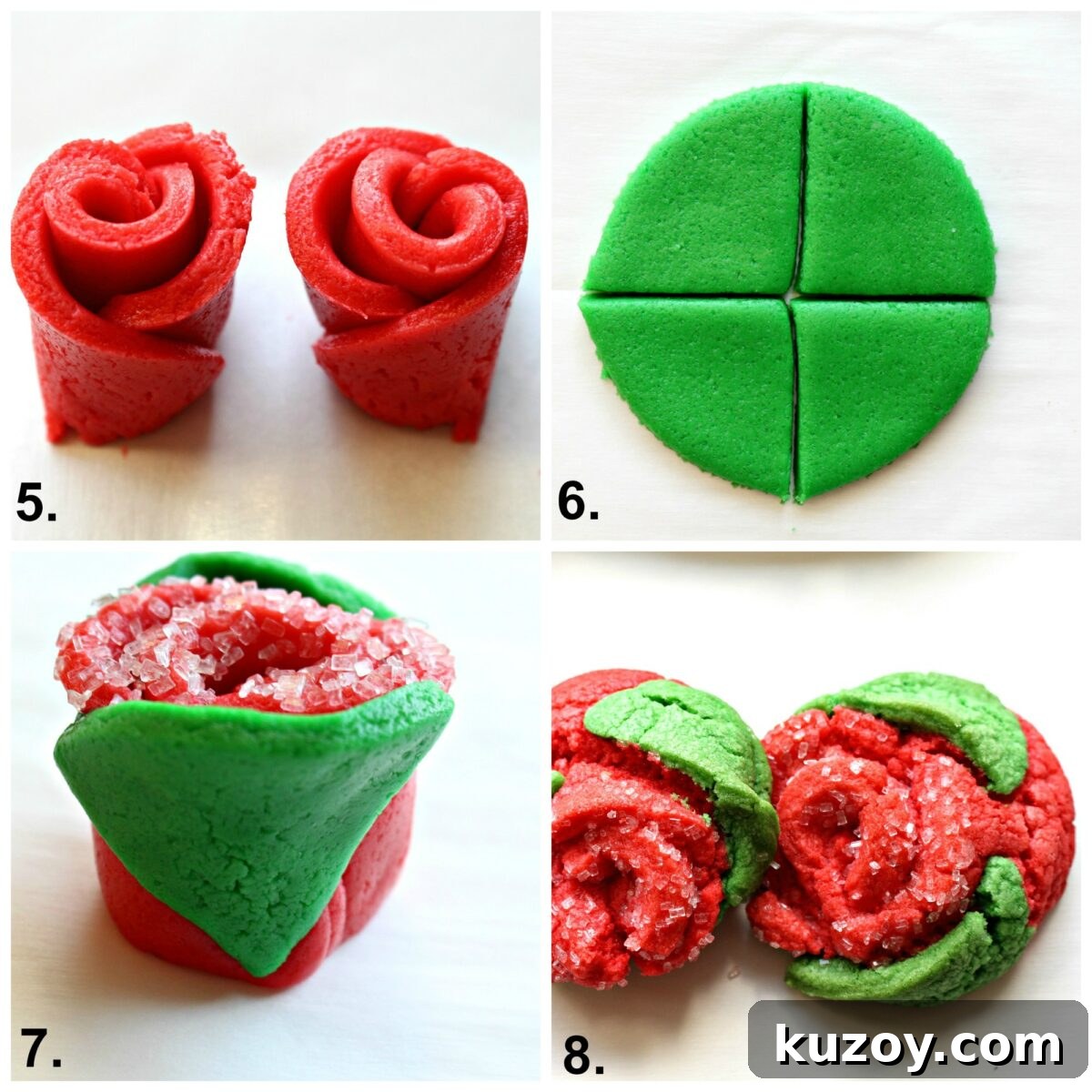 Instructions: two rose cookies, cut green dough circle in fourths, add two leaves per cookie, bake.