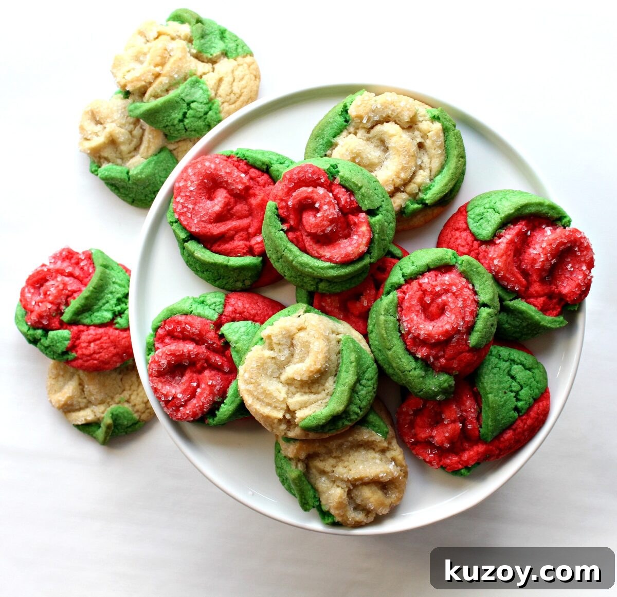 Plate of red and white cookie roses.