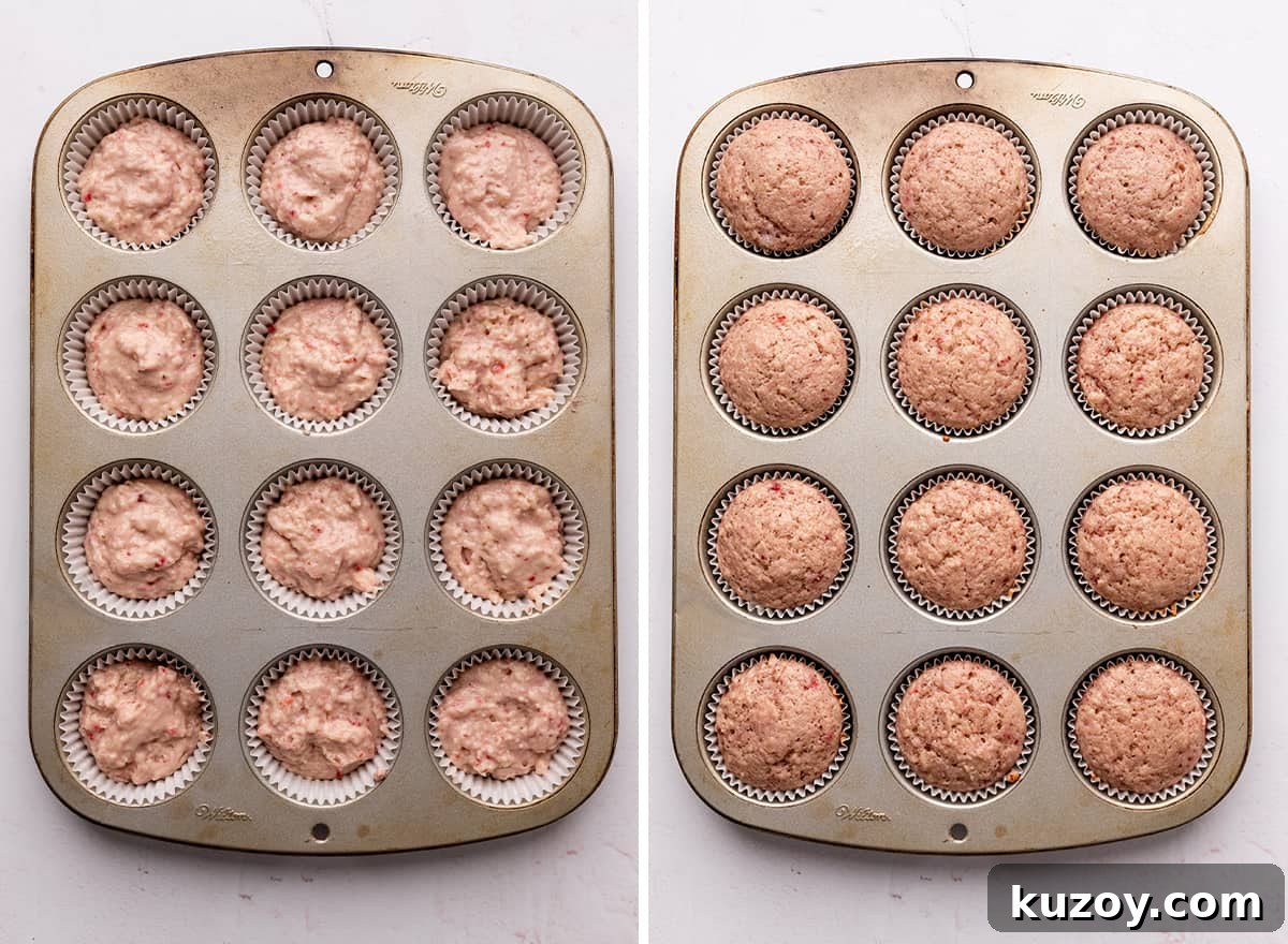 two photos showing strawberry cupcakes in a baking pan before and after baking