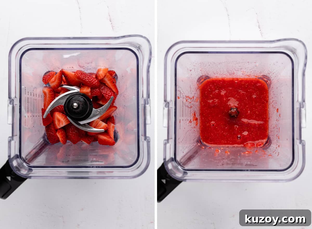 two photos showing blending strawberries to use in this Strawberry Cupcakes Recipe