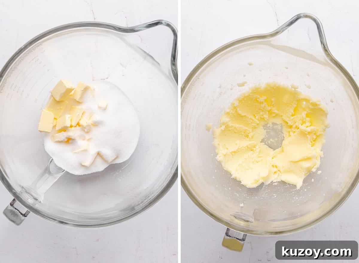two photos showing how to make strawberry cupcakes - beating butter and sugar. 