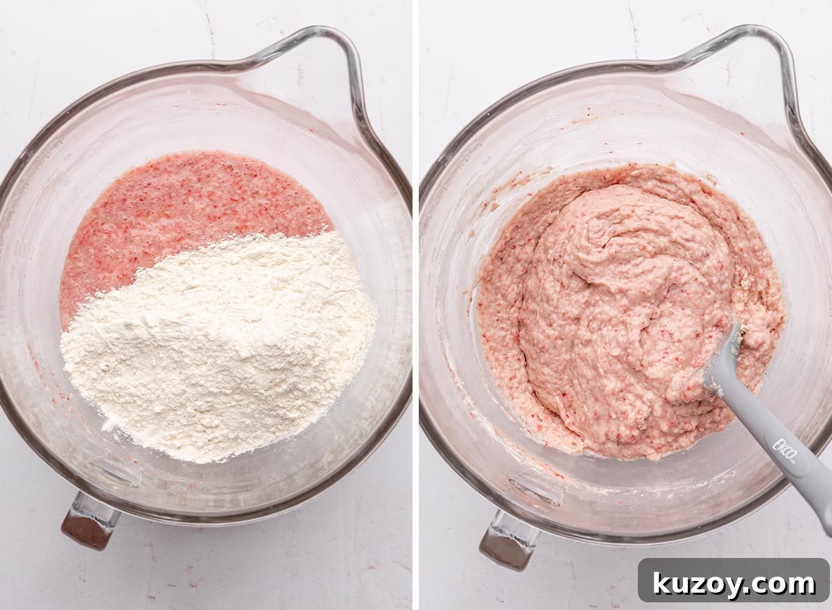 two photos showing how to make strawberry cupcakes - combining the wet and dry ingredients