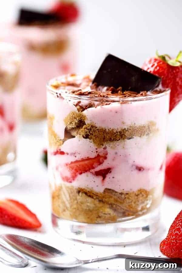 Strawberry Cream Tiramisu Parfait Recipe for Summer Desserts 2 Strawberries and Cream Tiramisu Parfait in a glass