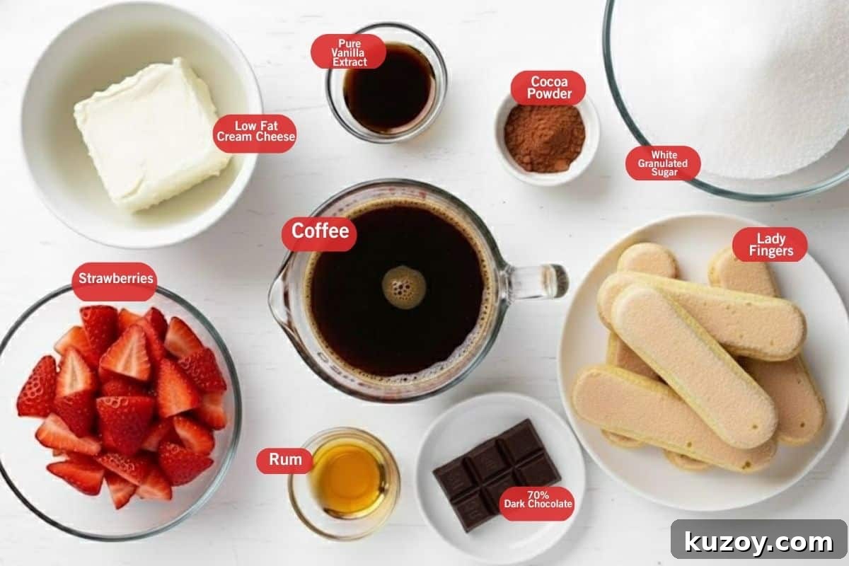 Strawberry Cream Tiramisu Parfait Recipe for Summer Desserts 3 Flat lay photo of ingredient shot of low fat cream cheese, pure vanilla extract, cocoa powder, white granulated sugar, lady fingers, 70% dark chocolate, rum, strawberries, coffee