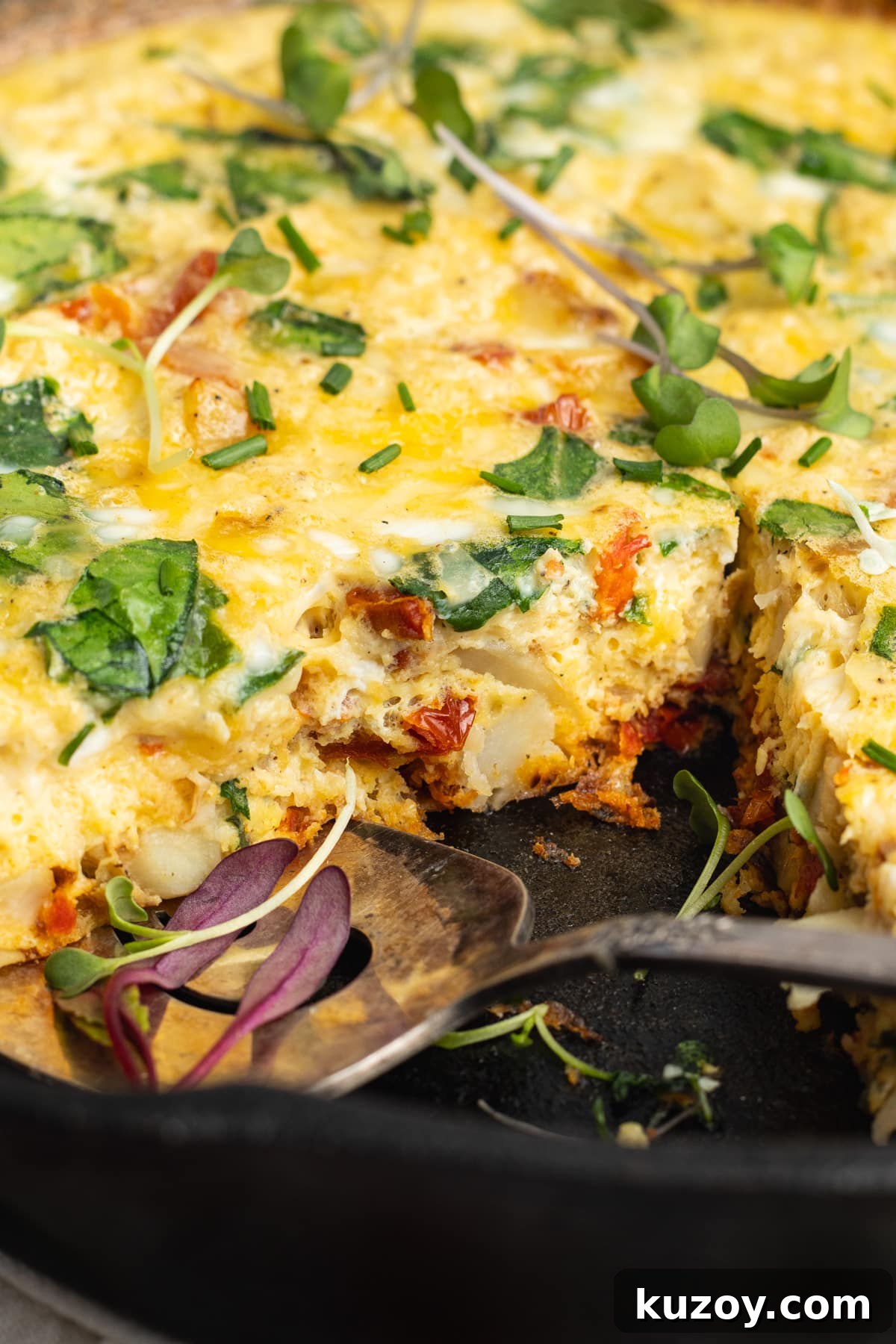 Sun-Dried Tomato and Cottage Cheese Frittata Recipe 13 This is a picture of the cooked cottage cheese frittata in a cast iron skillet.