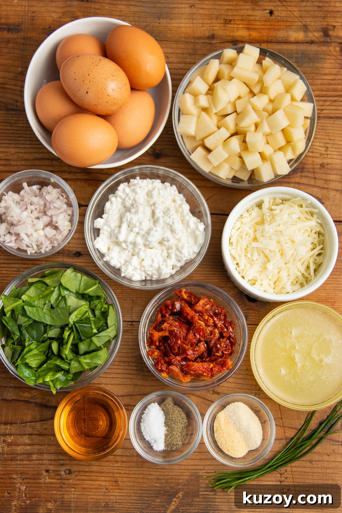 Sun-Dried Tomato and Cottage Cheese Frittata Recipe 4 This is a picture of all the ingredients needed to make the frittata.
