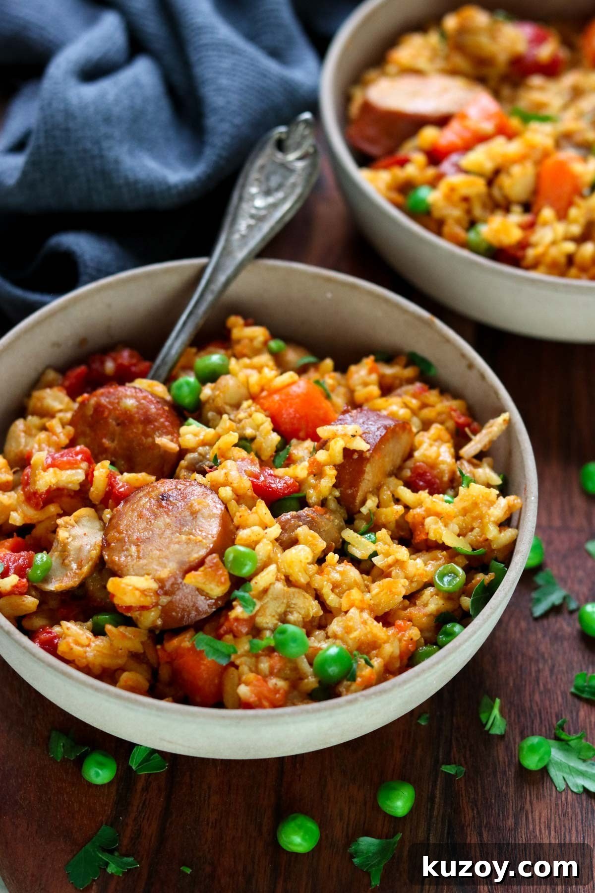Bowl of cajun rice with chicken and sausage.
