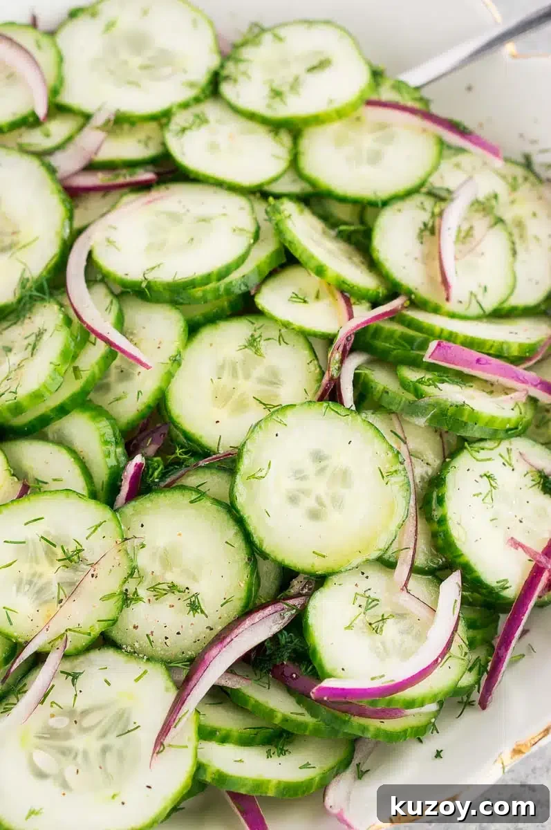 Refreshing Cucumber Salad with Dill and Lemon Vinaigrette 8 cucumber slices, red onion, dill, and dressing in a white bowl