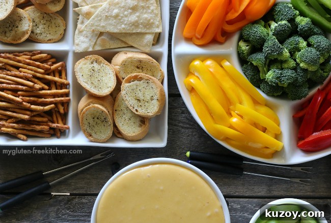 Gluten-Free Cheese Fondue Recipe (Alcohol-Free) 6 Gluten-free Cheese Fondue with Gluten-free Dippers kid-friendly