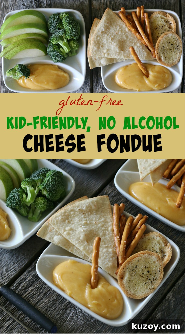 Gluten-Free Cheese Fondue Recipe (Alcohol-Free) 10 cheese fondue served with gluten-free pretzels and broccoli and peppers