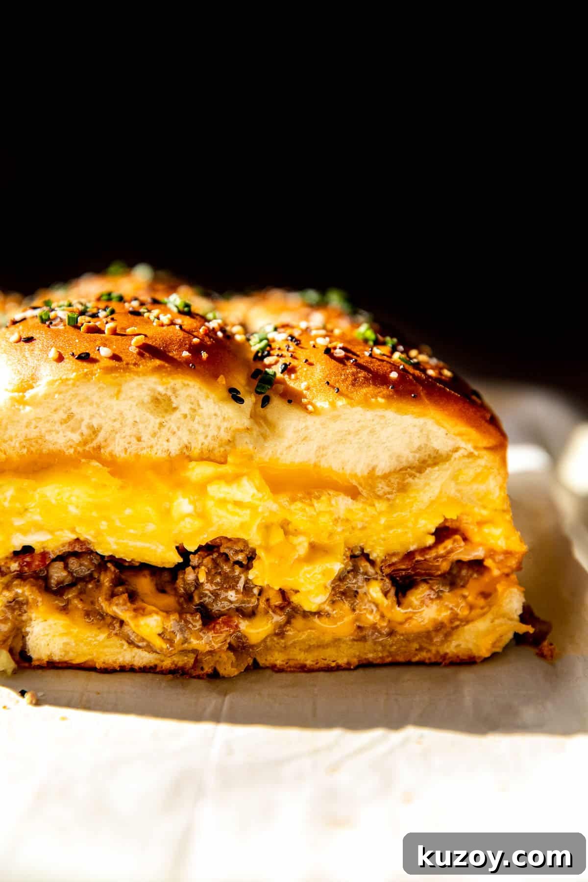 a close up image of breakfast sliders. 