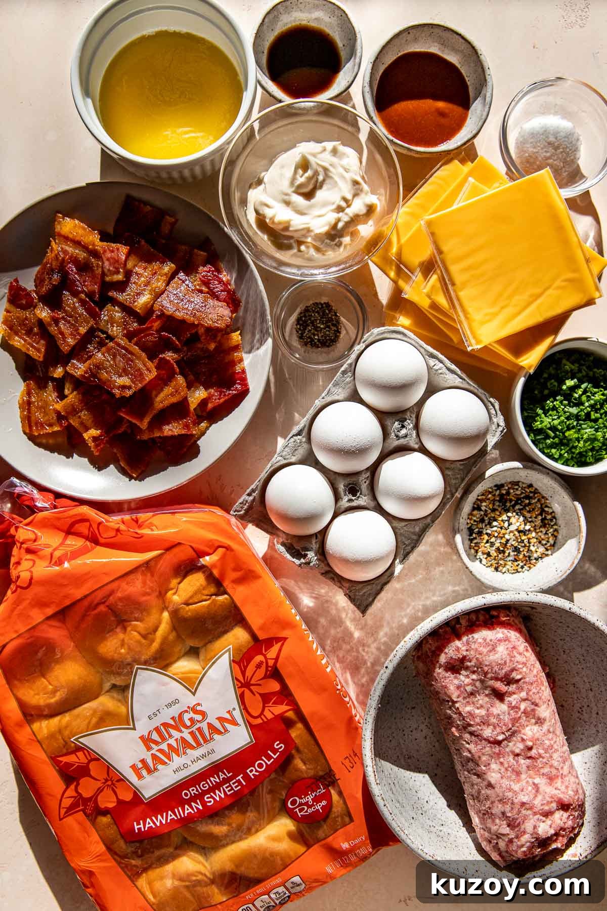 ingredients to make breakfast sliders in glass dishes. 