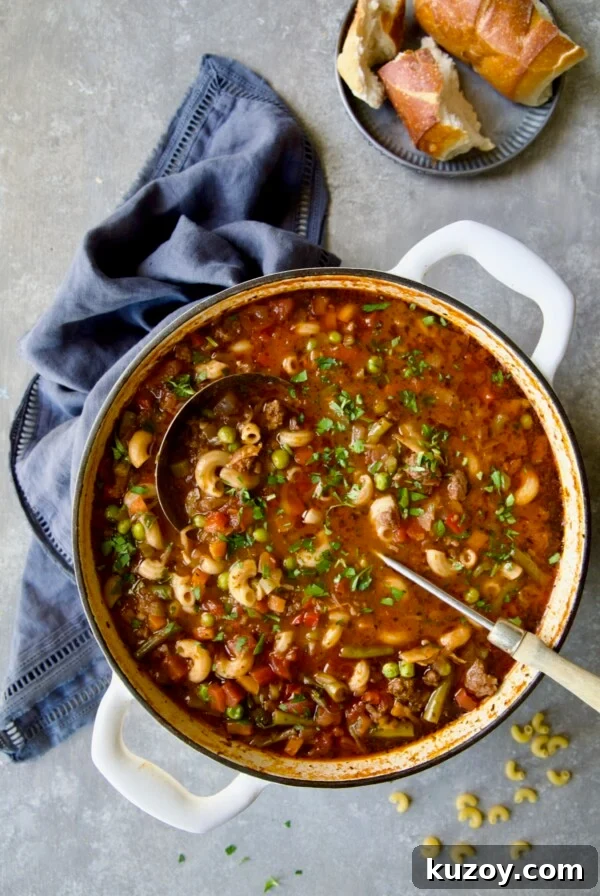 Hamburger Vegetable Soup in white Dutch oven with soup ladle.