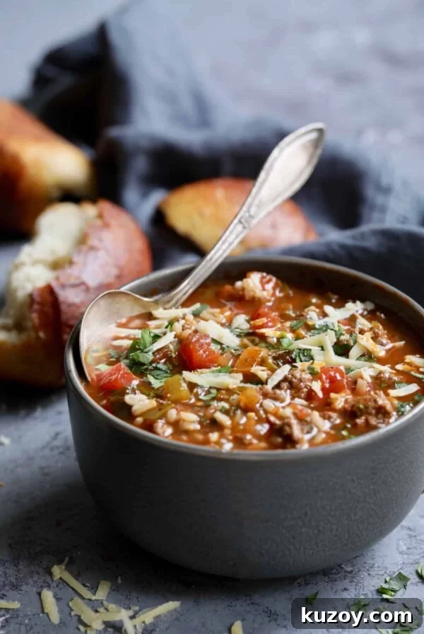 Southwestern Stuffed Pepper Soup in white bowl.
