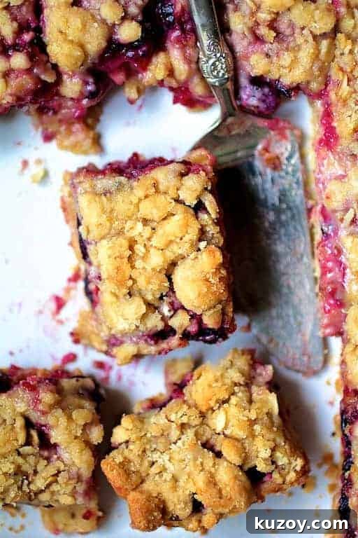 Rectangular pieces of Blueberry Crumble Bars with ornate server.