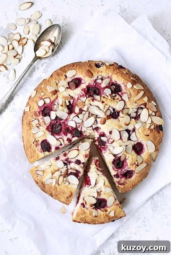 Raspberry Ricotta Cake with Almonds - overhead shot.