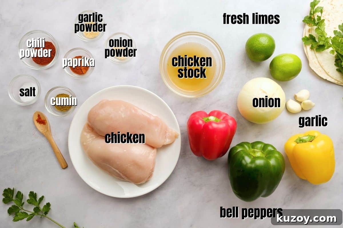 Chicken Fajitas Instant Pot Ingredients for Instant Pot Chicken fajitas on countered labeled with text.