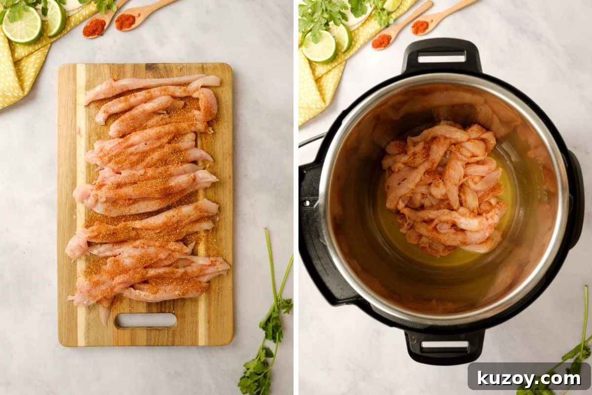 Chicken Fajitas Instapot Photo showing chicken strips seasoned with fajita seasoning on cutting board and then inside instant pot.
