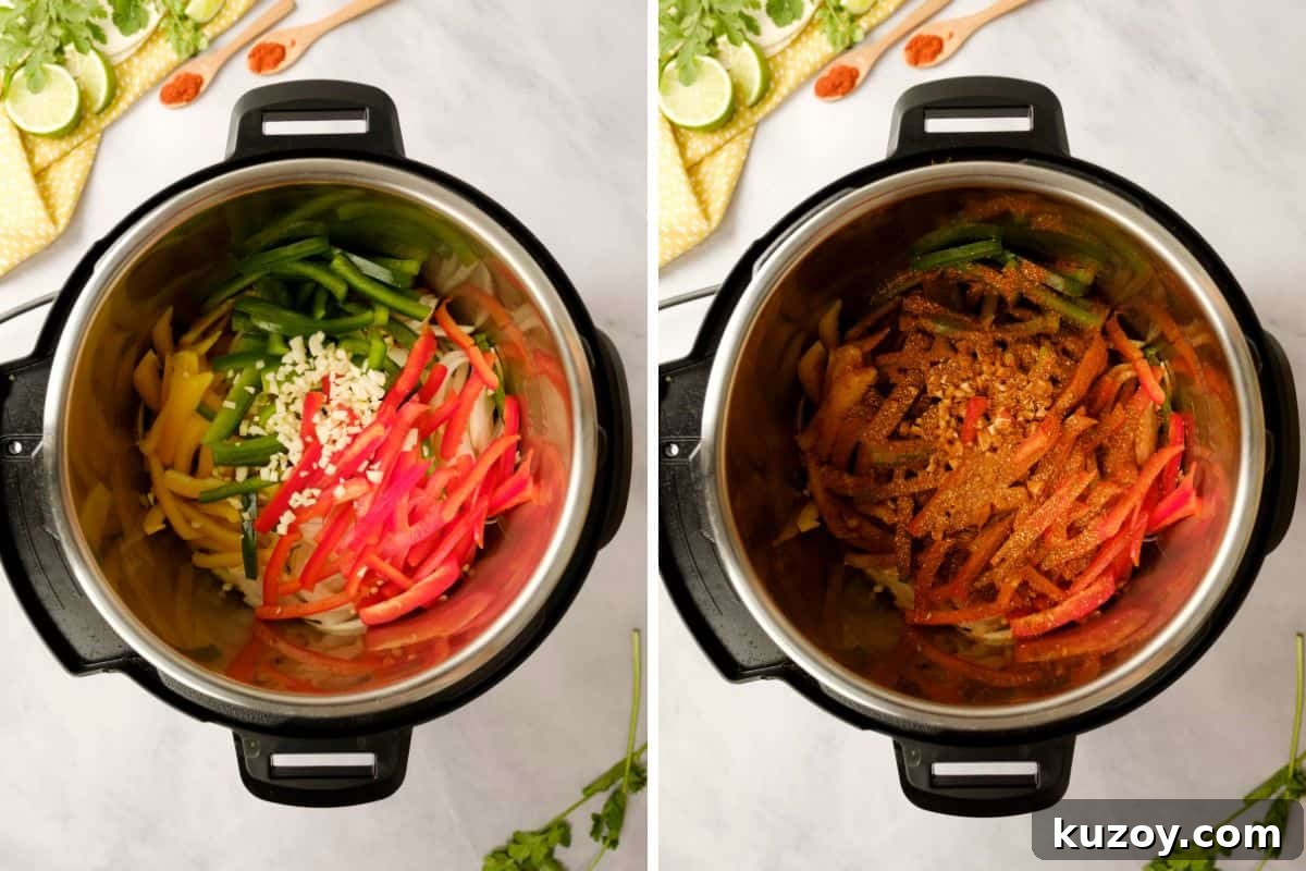 Instapot Chicken Fajitas Side by side photo showing instant pot before and after adding fajita seasoning to pepper and onions.