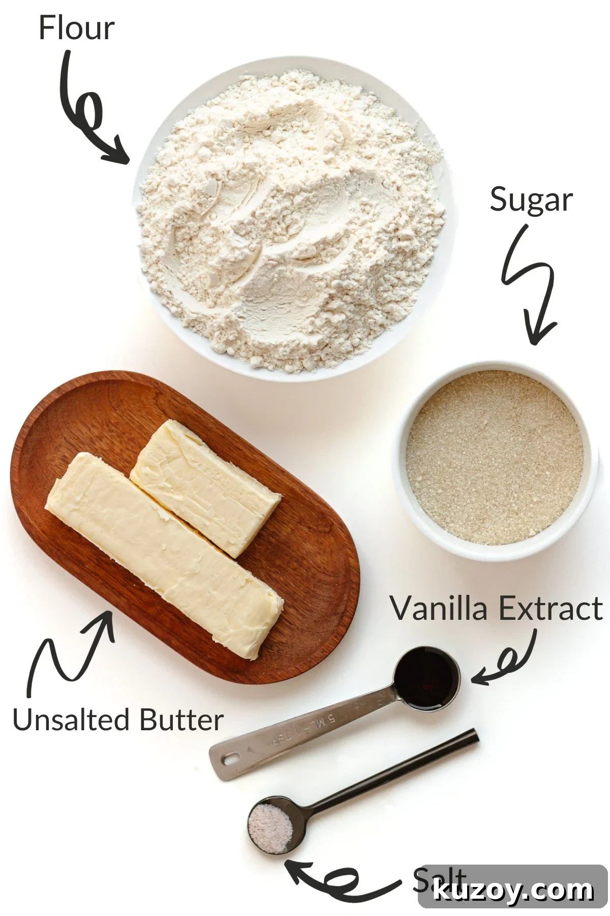 Labelled photo of ingredients needed to make butter streusel.