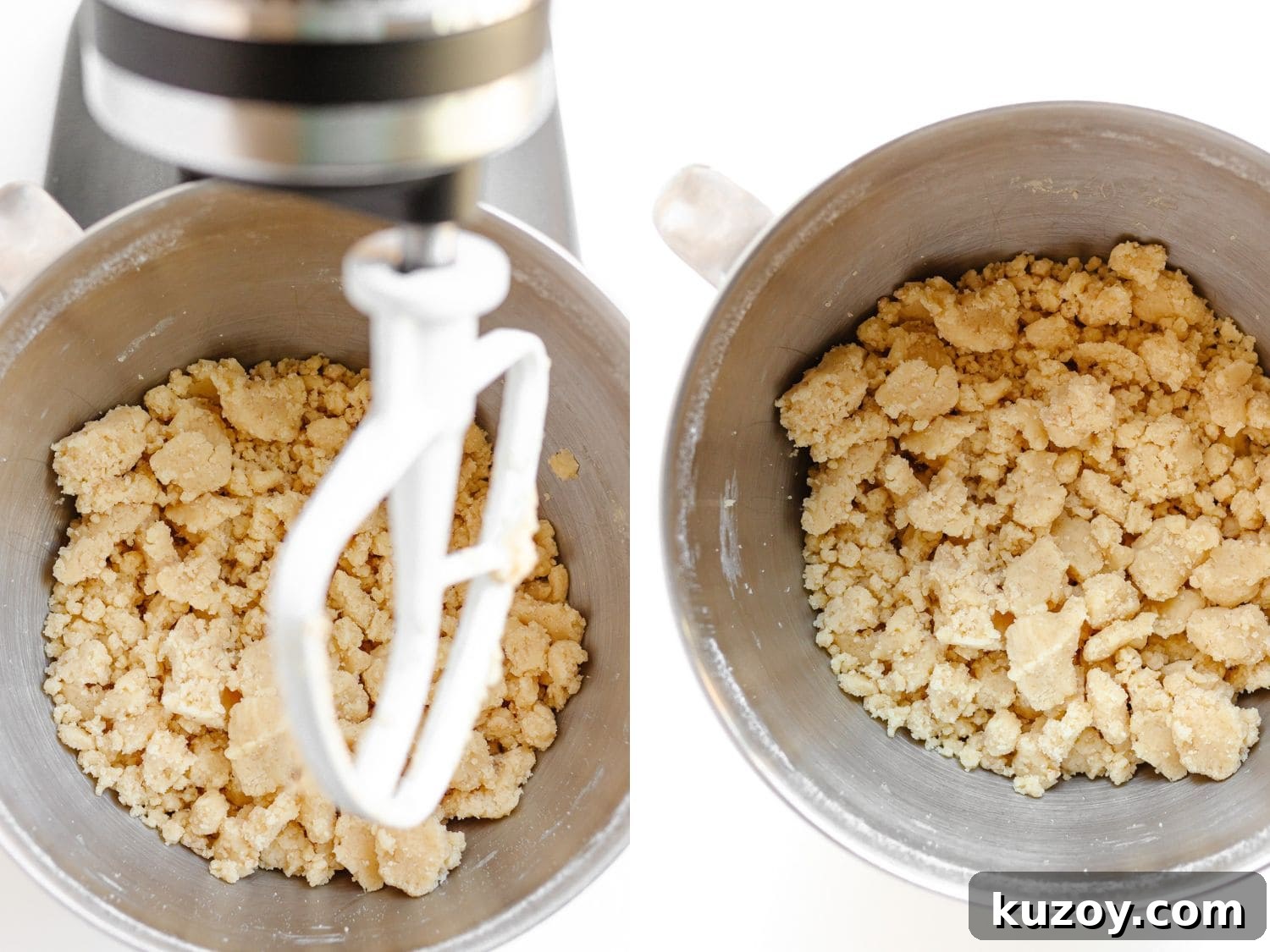 Butter streusel crumble topping being mixed in a stand mixer.