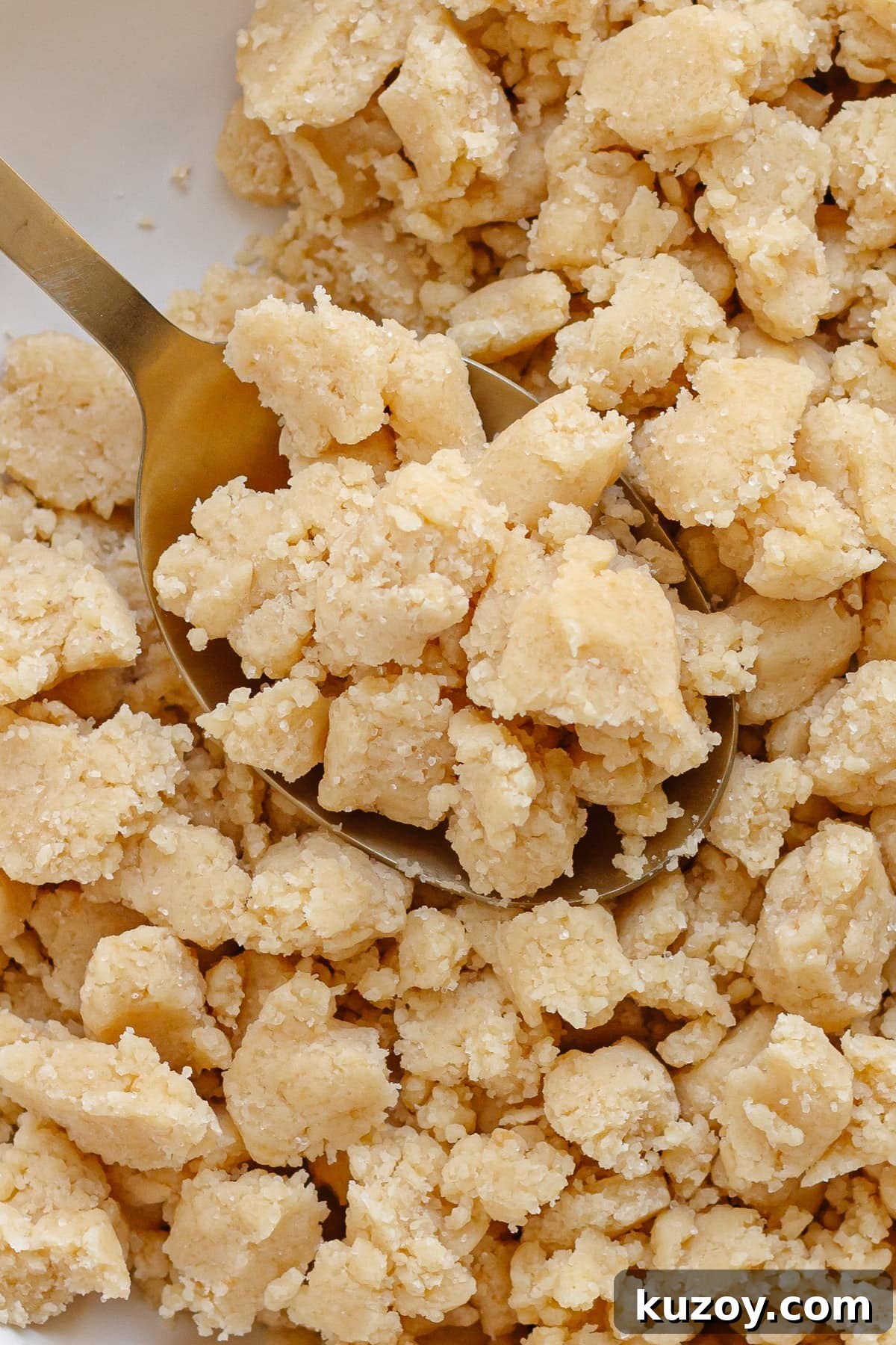 Spoon scooping up some butter streusel crumble topping.