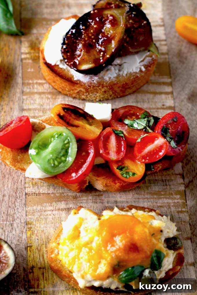 14 Romantic Valentine’s Day Recipes to Make at Home 3 Three crostini with different toppings on a wooden board
