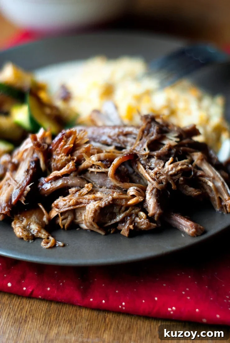 Delicious Blackberry BBQ Pulled Pork on a black plate.