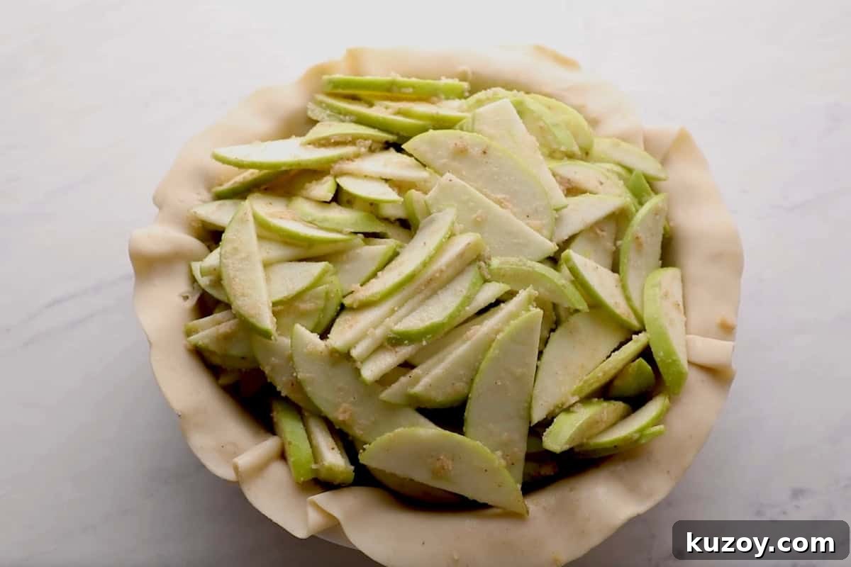 Classic Homemade Apple Pie Recipe for Perfect Crust and Filling 7 apple pie filling spread over a pie crust.
