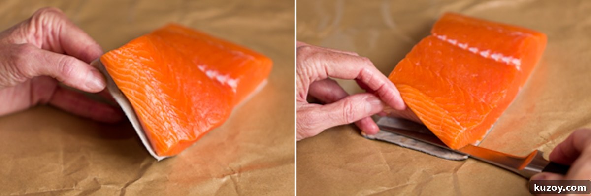 How to skin salmon, starting with a sharp fillet knife and fillets on a brown butcher paper.