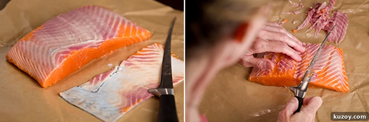 Trimming the purple bloodline from a salmon fillet before cooking.