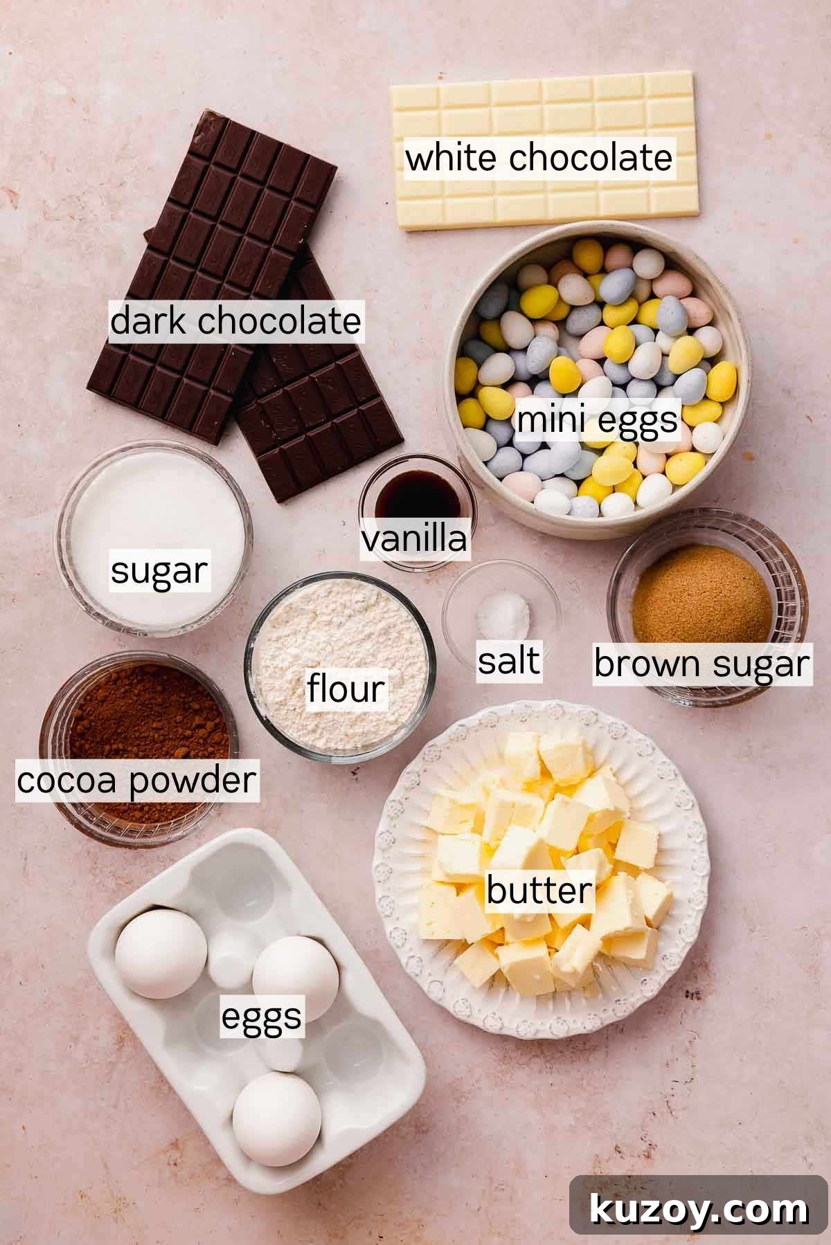 Mini Egg Brownies Recipe for Rich, Fudgy Easter Treats 3 ingredients for mini egg brownies in bowls