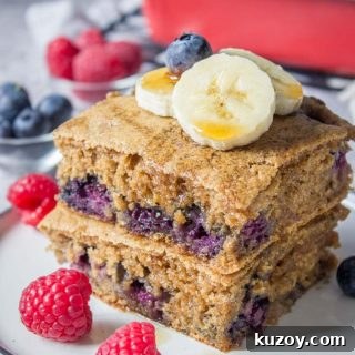 Blueberry Pancake Casserole Recipe: Baked Pancakes with Fresh Blueberries 7 Healthy oven baked Blueberry Pancake Casserole topped with banana and raspberries