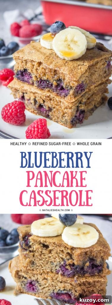Blueberry Pancake Casserole Recipe: Baked Pancakes with Fresh Blueberries 8 Healthy oven baked Blueberry Pancake Casserole topped with banana and raspberries