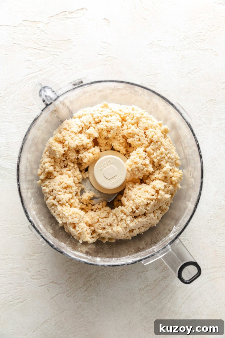 Shaggy biscuit dough after buttermilk has been added and pulsed in the food processor.