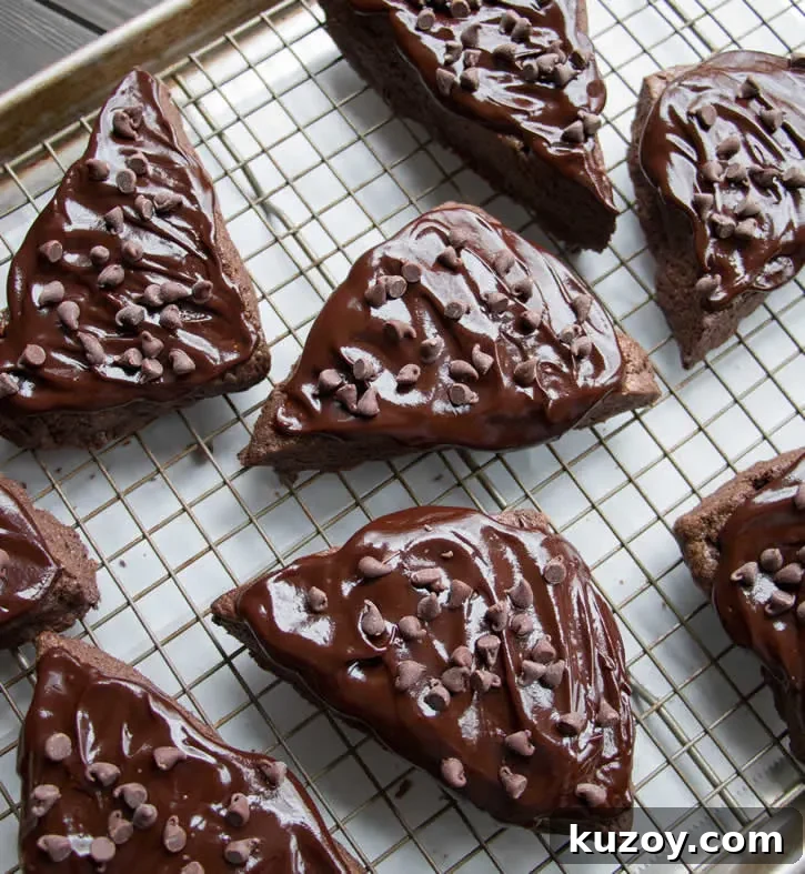 Decadent Dark Chocolate Fudge Scones — Recipe & Tips 7 Dark Chocolate Fudge Scones are lightly sweetened, yet rich with dark cocoa, butter and cream, then topped with a dark fudgy ganache and mini chips.